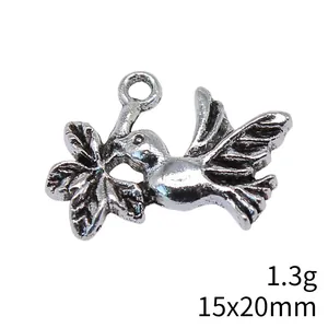 Silver dove with olive branch zinc alloy pendant, 15x20mm DIY charm