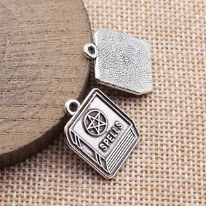 Antique silver spell book pendant charms with pentagram for DIY jewelry making 22x17mm
