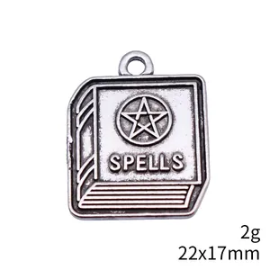 Antique silver spell book pendant with pentagram engraving, size 22x17mm for DIY jewelry