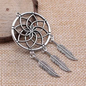 Antique silver dreamcatcher pendant with three hanging feather charms for DIY jewelry