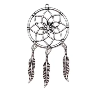 Intricate antique silver dreamcatcher pendant featuring three detailed hanging feathers