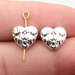 Textured silver heart beads for jewelry making 12x11mm DIY charms with 1.6mm hole