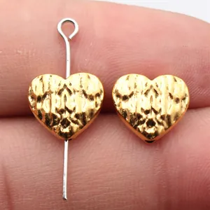 Golden 12x11mm textured heart beads with 1.6mm hole for DIY jewelry making crafts