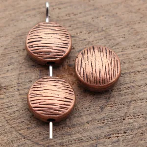 Textured vintage copper wood grain flat round beads 10x10mm for DIY jewelry making items