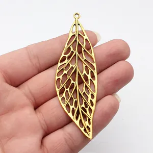 Antique gold large hollowed leaf pendant for DIY jewelry making accessories 93x29mm