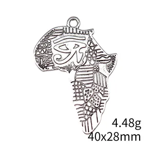 Antique silver African map pendant necklace charm with Eye of Horus design, 40x28mm