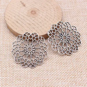 Large filigree flower pendant for DIY jewelry making, 38x38mm silver finish metal parts