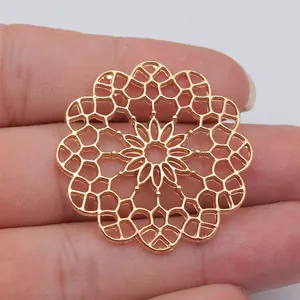 Large 38x38mm intricate hollow gold flower charm for DIY jewelry making material