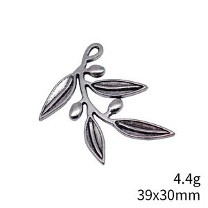 Vintage antique silver olive branch pendant charm for DIY jewelry making, 39x30mm 4.4g