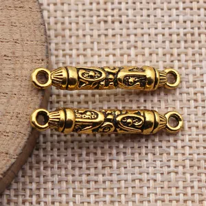Vintage carved gold cylinder jewelry connectors with double loops for DIY jewelry making