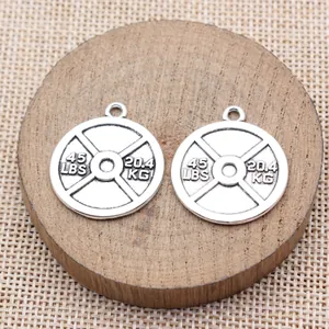 Silver barbell weight plate charms for fitness jewelry making DIY crafts 28x24mm