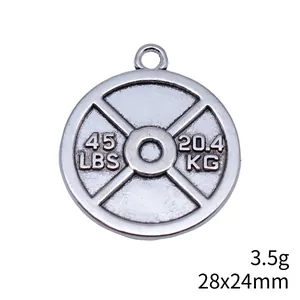 Antique silver barbell weight plate pendant 28x24mm for DIY gym jewelry crafts