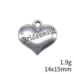 Antieke zilveren hart hanger met Bridesmaid gravure, 14x15mm grootte, 1,9g gewicht voor DIY