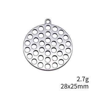 Silver perforated round disc pendant for DIY jewelry making findings, 28x25mm size