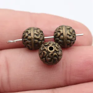 Antique bronze floral engraved round spacer beads for DIY jewelry making, 10mm.