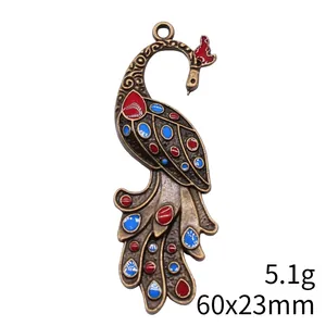 Bronze peacock pendant accessory, 60x23mm size, 5.1g weight, red and blue enamel.