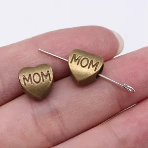Antique bronze heart-shaped beads with MOM engraving and large holes for jewelry