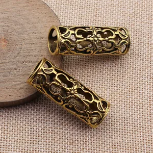 Antique gold hollow tube beads with floral pattern for dreadlocks hair jewelry decorations