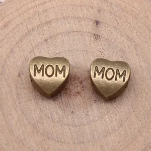 Antique brass heart-shaped large hole beads with MOM engraving for DIY jewelry crafts