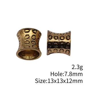 Antique gold irregular textured tube beads for hair dreadlocks, size 13x13x12mm