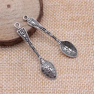 Retro antique silver spoon pendants for DIY jewelry making accessories 10x49mm size