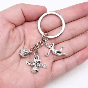 Creative silver metal sports volleyball keychain featuring player figure and I Love Volleyball charm