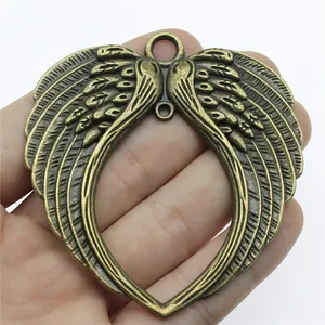 Grand pendentif double aile en forme de cœur pour bijoux DIY en bronze antique