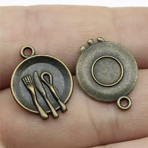 Vintage Alloy Cutlery Set Charms Round Plate Knife Fork Spoon Pendants For DIY Jewelry Making Findings Accessories Craft