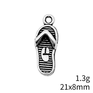 Retro silver flip-flop pendant charm for DIY jewelry making, size 21x8mm, weight 1.3g