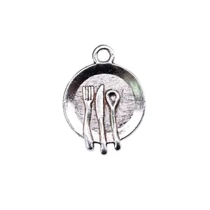 Vintage silver cutlery plate charm with fork knife and spoon for DIY jewelry making