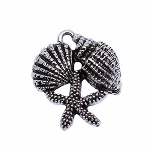 Vintage silver starfish and seashell pendant charm for DIY jewelry making 23x20mm