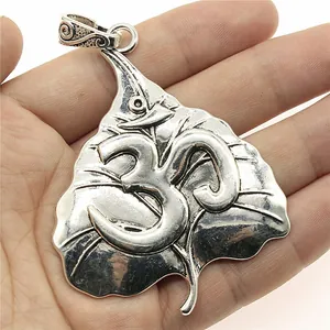 Large silver-toned Bodhi leaf pendant with OM yoga symbol for DIY jewelry making