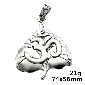 Large vintage silver Bodhi leaf pendant with Om yoga symbol, size 74x56mm and 21g weight.