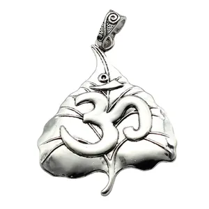 Vintage large metal Bodhi leaf pendant with OM yoga symbol, 74x56mm retro silver finish