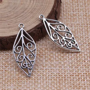 Antique silver 28x12mm hollow filigree leaf charms for DIY jewelry making and crafts