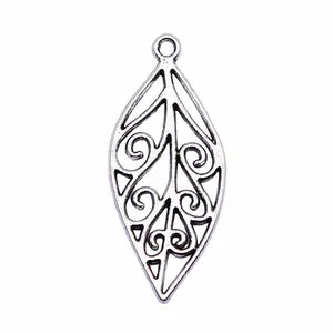 Antique silver finish hollow leaf pendant for DIY jewelry making 28x12mm charm