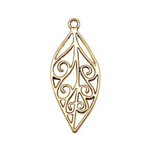 Golden hollow leaf pendant charm for DIY jewelry making 28x12mm
