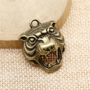 Detailed 3D antique bronze tiger head pendant charm for DIY jewelry making projects