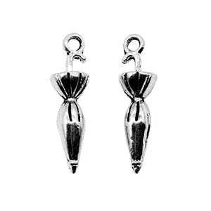 Pair of antique silver umbrella pendants for jewelry making, 26x7mm size