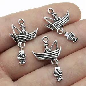 Antique Silver Fishing Boat Pendant Alloy DIY Jewelry Charms Marine Theme Sea Fishing Boat And Fish Charms For Jewelry Making