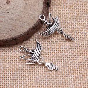 Antique silver fishing boat charms with fish pendant for DIY jewelry making accessories