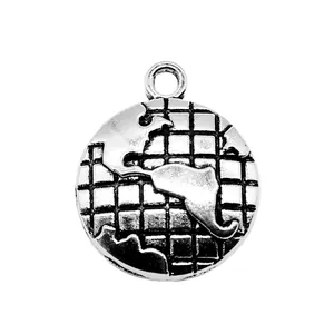 Antique silver globe charm pendant for DIY jewelry making, globe map design, 24x20mm size.