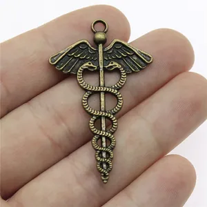 Antique bronze medical caduceus charm pendant for DIY jewelry making, 49x30mm size