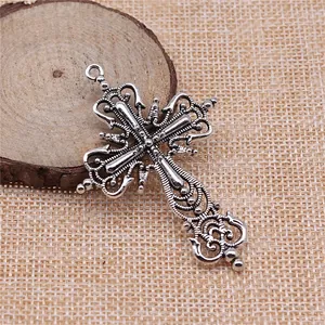 Vintage ornate silver hollow-out cross pendant for DIY jewelry making, size 64x43mm.