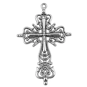 Detailed vintage silver ornate cross pendant charm 64x43mm for DIY necklace jewelry making