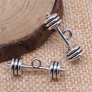Antique silver barbell charms for DIY jewelry making with realistic gym weight design