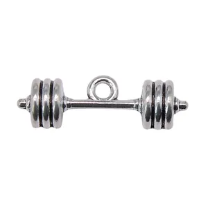 Antique silver barbell charm pendant for sports jewelry DIY projects, 25mm length