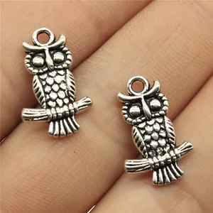 Detailed silver owl double-sided pendant charms for jewelry making, 19x12mm size.