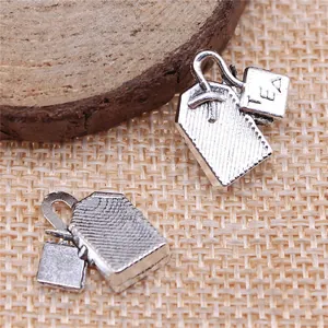 Colgante de bolsa de té retro en plata antigua para creación de joyería DIY, 15x15mm.