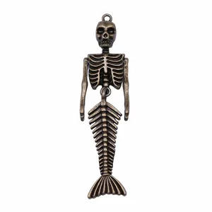 Antik-Bronze-Skelett-Meerjungfrau-Anhänger für Gothic-Schmuck, 74mm Länge.